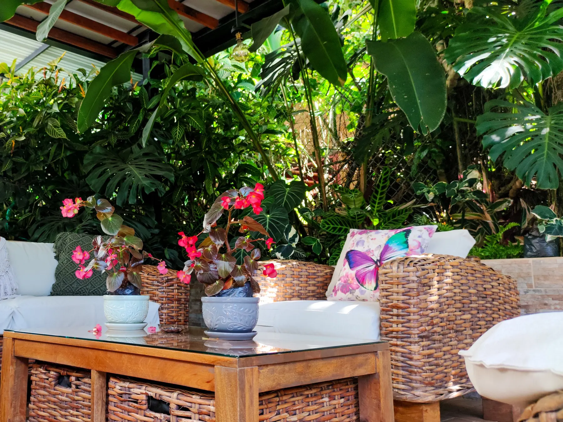 Coin salon du jardin avec des meubles en osier et des fleurs